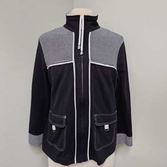 Drapers and Damons Nautical Jacket Full Zip Black White Stripes Pockets Petite M - Picture 1 of 6